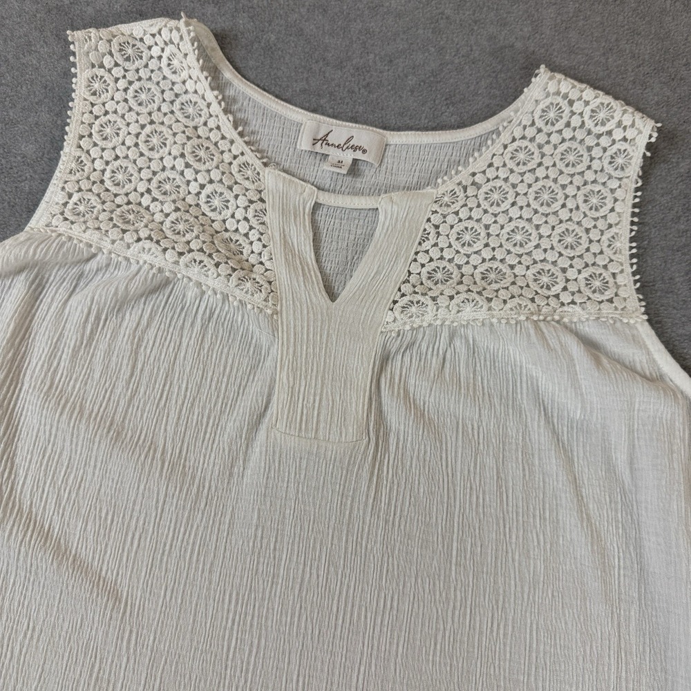 Anneliese Women Med Ivory Crochet‎ Lace Tank Top Boho Sleeveless Keyhole Classic